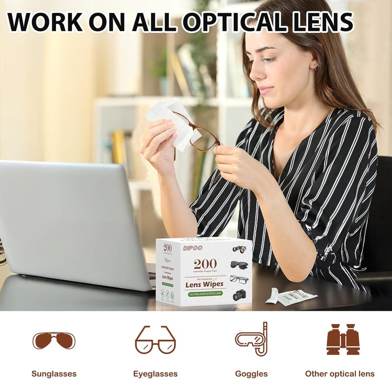 Dipoo 200 Count Lens Wipes for Eyeglasses, Eye Glasses Cleaner Wipes Pre-moistened Individually Wrapped Sracth-Free Streak-Free Eyeglasses Cleaning for Sunglass, Camera Lens, Goggles - Image 2